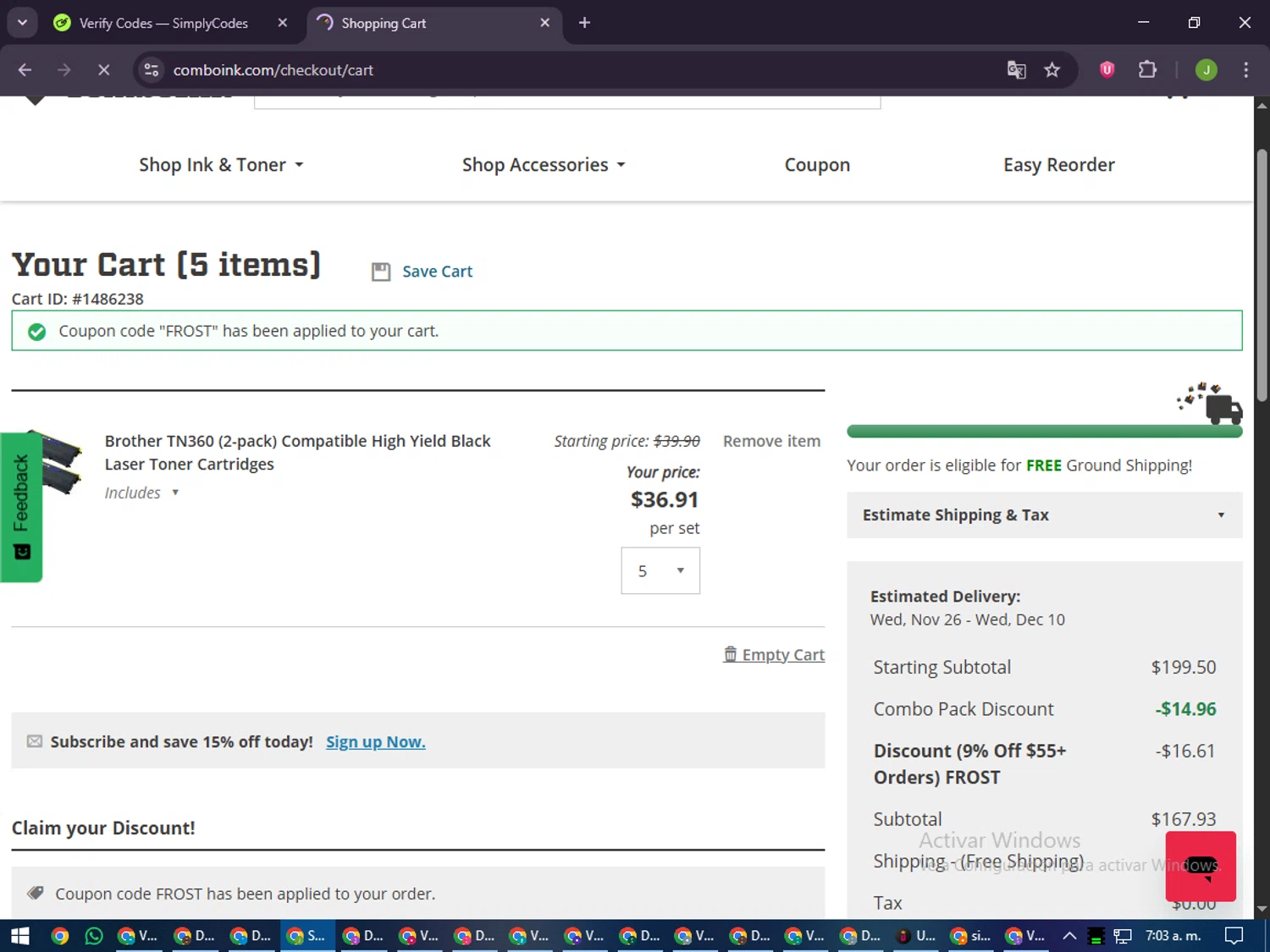 ComboInk checkout page showing ComboInk coupon code box | Screenshot taken by SimplyCodes community member on Nov 23, 2025