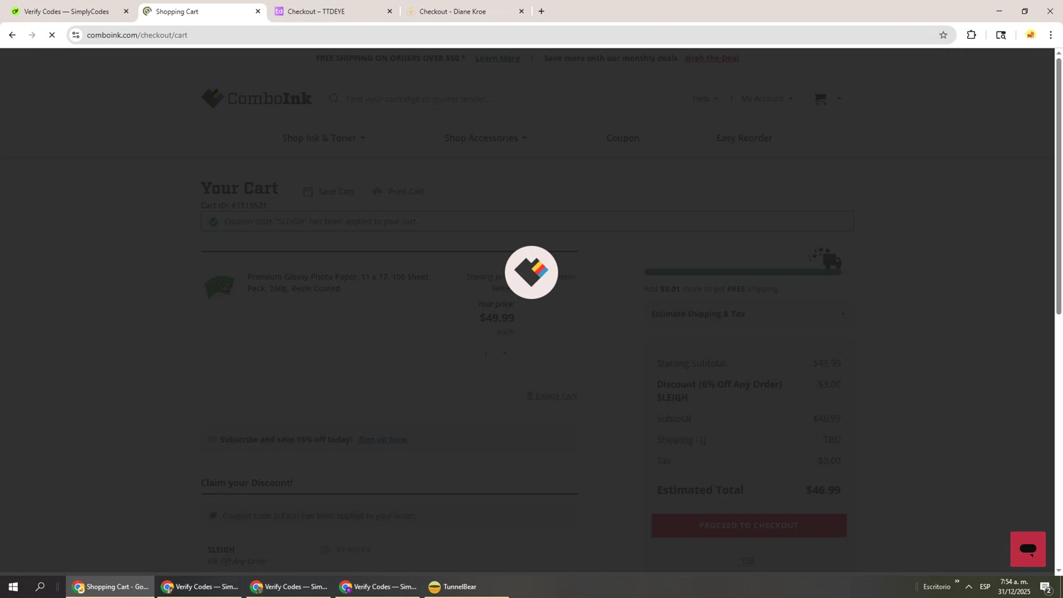 ComboInk checkout page showing ComboInk coupon code box | Screenshot taken by SimplyCodes community member on Dec 31, 2025