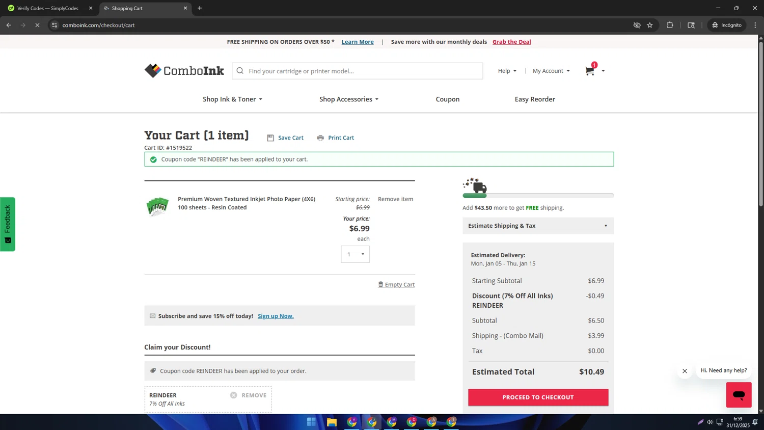 ComboInk checkout page showing ComboInk coupon code box | Screenshot taken by SimplyCodes community member on Dec 31, 2025