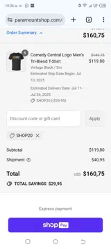 Shop20 coupon verification screenshot