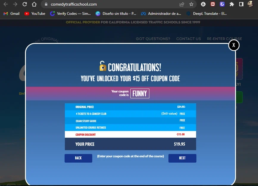 Comedy Traffic School checkout page showing Comedy Traffic School coupon code box | Screenshot taken by SimplyCodes community member on Feb 3, 2023