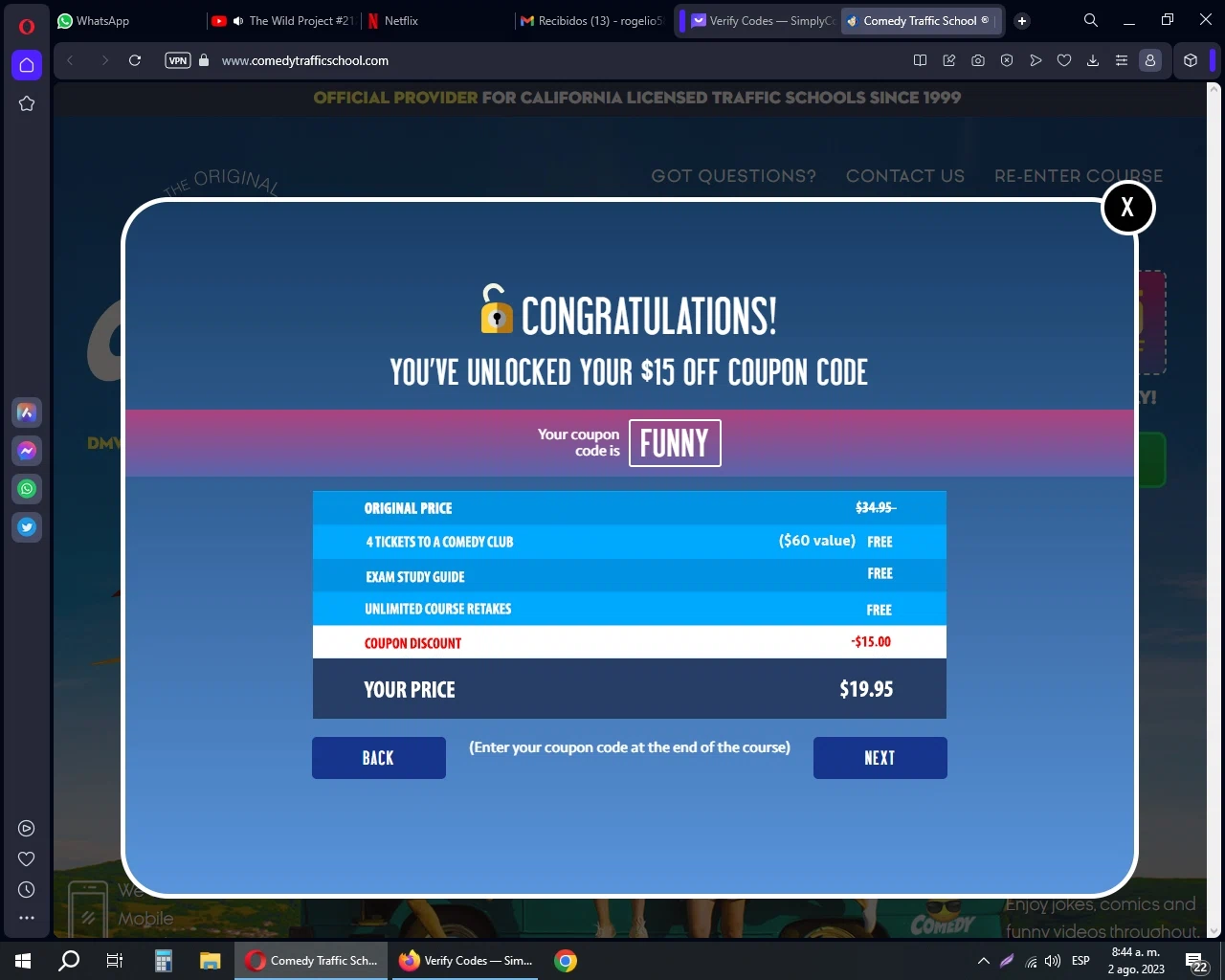 Comedy Traffic School checkout page showing Comedy Traffic School coupon code box | Screenshot taken by SimplyCodes community member on Aug 2, 2023