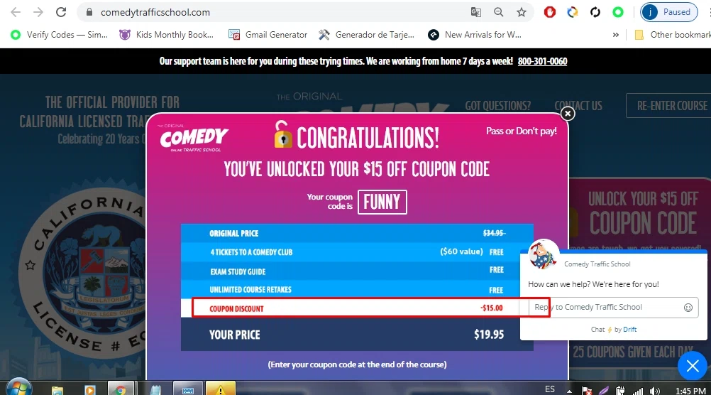 Comedy Traffic School checkout page showing Comedy Traffic School coupon code box | Screenshot taken by SimplyCodes community member on Feb 2, 2021