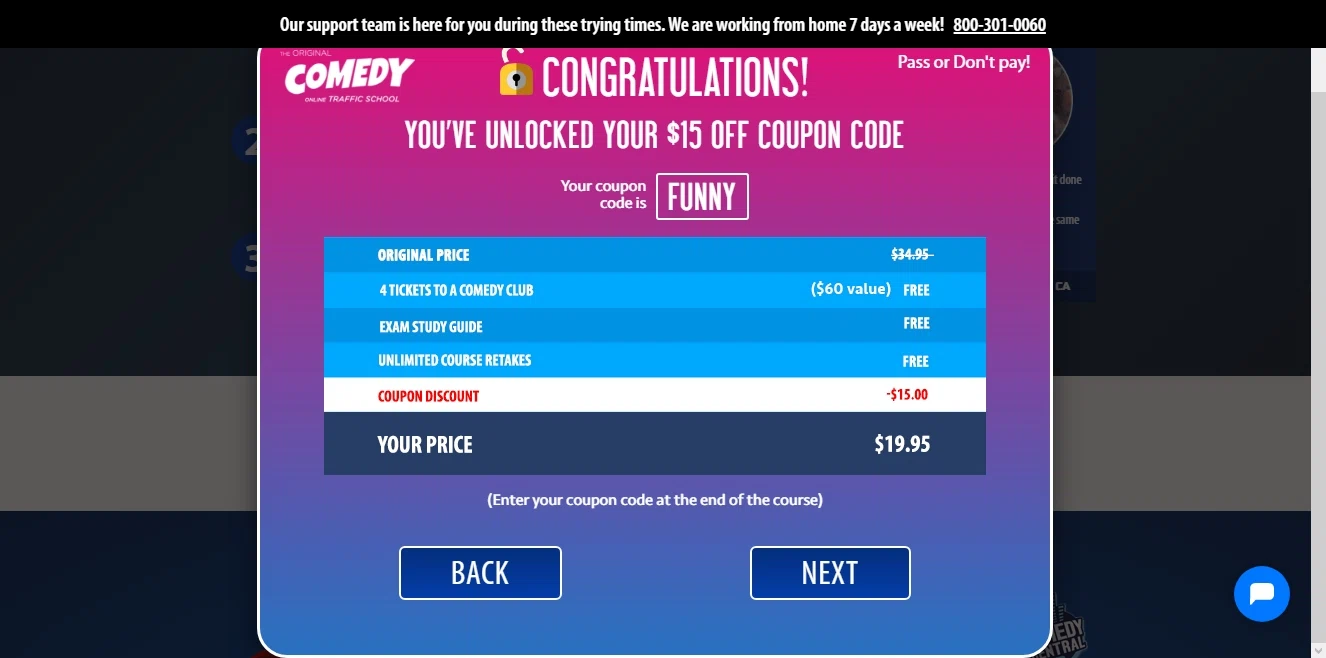 Comedy Traffic School checkout page showing Comedy Traffic School coupon code box | Screenshot taken by SimplyCodes community member on Mar 24, 2021