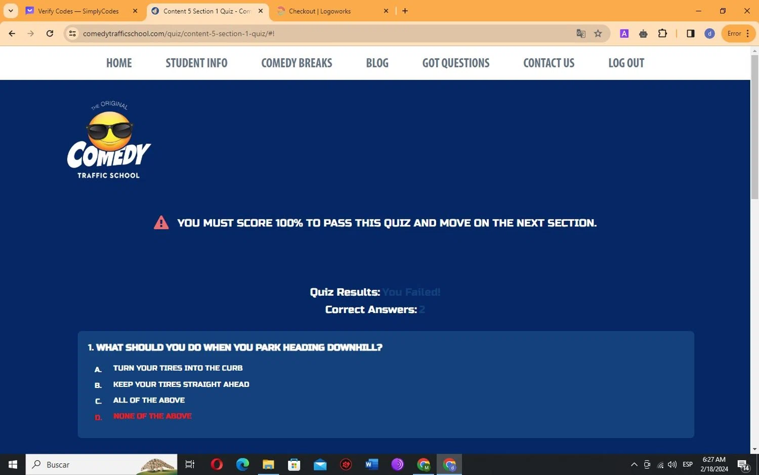 Comedy Traffic School checkout page showing Comedy Traffic School coupon code box | Screenshot taken by SimplyCodes community member on Feb 18, 2024