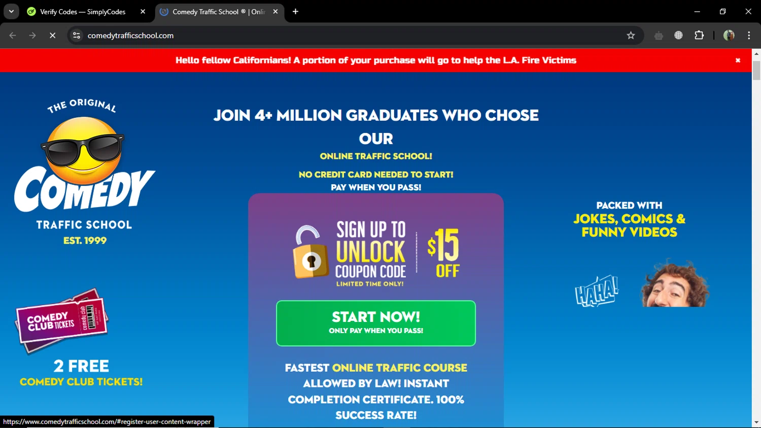 Comedy Traffic School coupon code screenshot showing code FUNNY applied at Comedy Traffic School checkout page. Uploaded by SimplyCodes community member MoneySentinel7597 on Mar 16, 2025