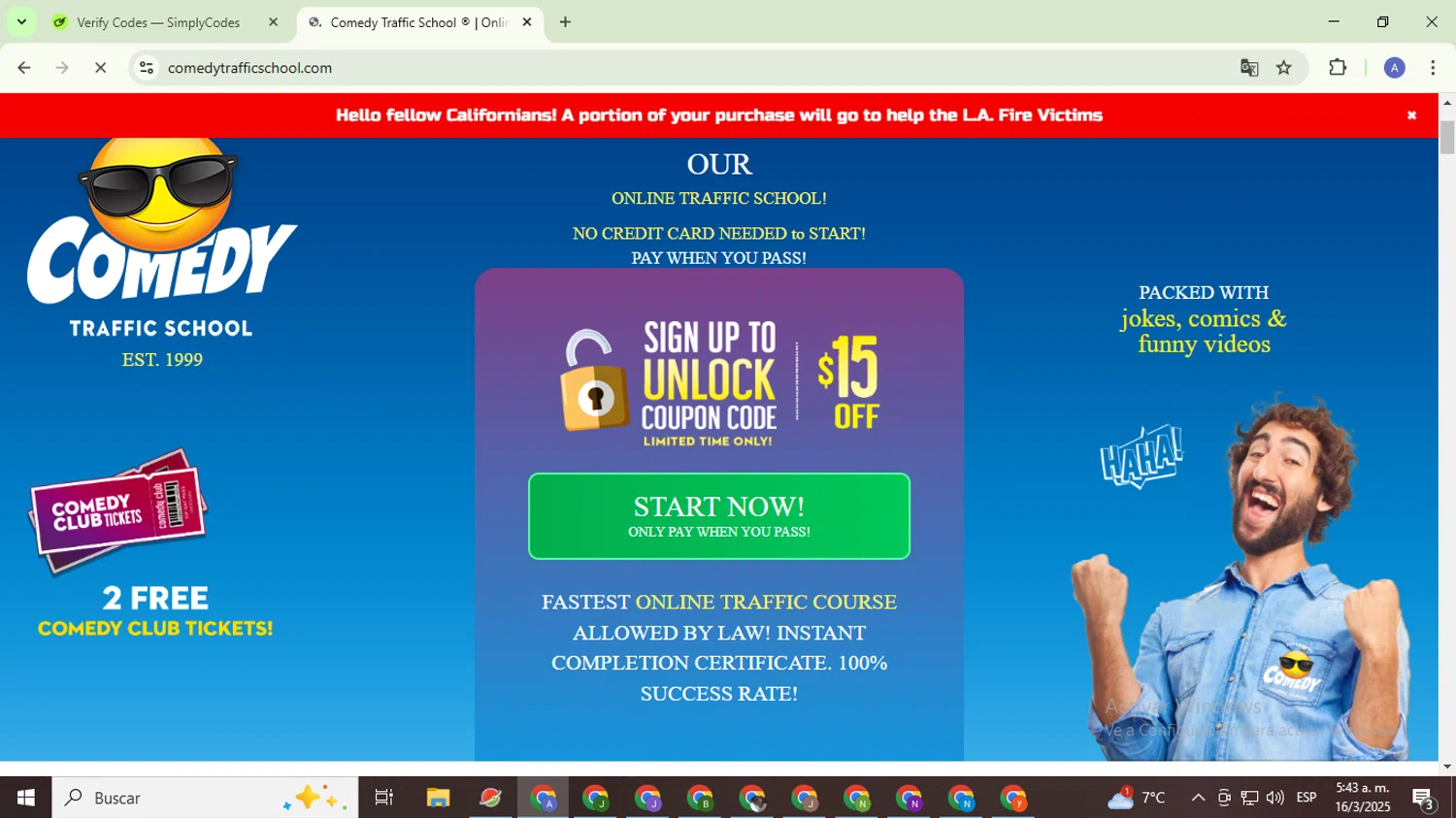 Comedy Traffic School coupon code screenshot showing code FUNNY applied at Comedy Traffic School checkout page. Uploaded by SimplyCodes community member TreasureCaptain5531 on Mar 16, 2025