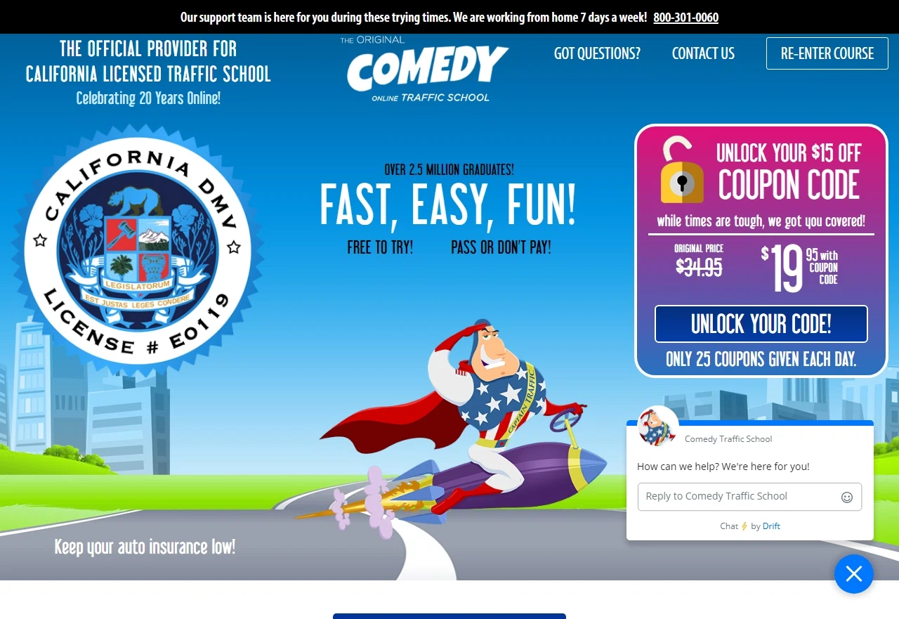Comedy Traffic School checkout page showing Comedy Traffic School coupon code box | Screenshot taken by SimplyCodes community member on May 5, 2021