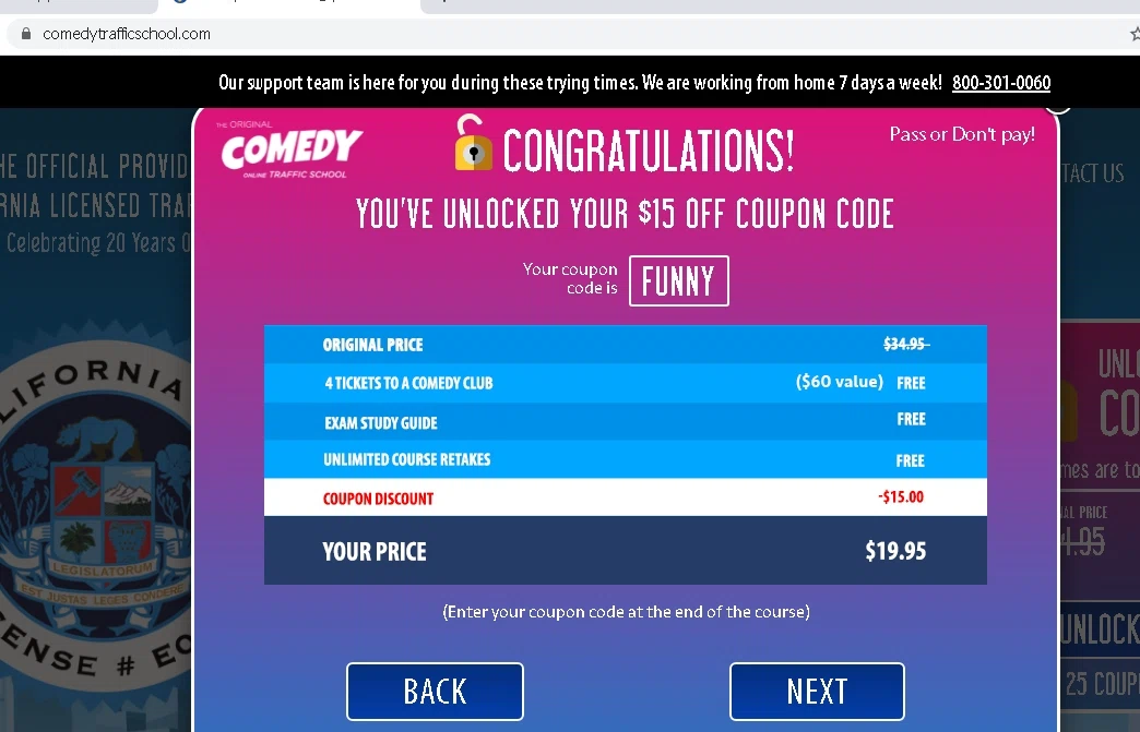 Comedy Traffic School checkout page showing Comedy Traffic School coupon code box | Screenshot taken by SimplyCodes community member on Jul 18, 2021