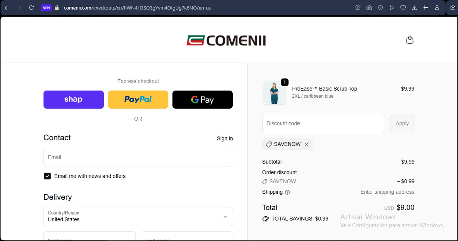 Comenii discount code screenshot showing code SAVENOW applied at Comenii checkout page. Uploaded by SimplyCodes community member SilverKnight4465 on Oct 18, 2025