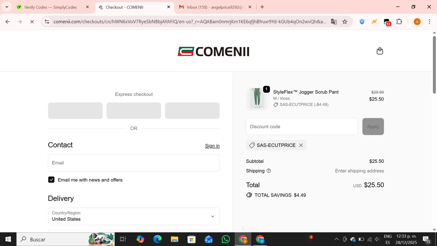 Comenii discount code screenshot showing code SAS-ECUTPRICE applied at Comenii checkout page. Uploaded by SimplyCodes community member BrilliantPro4121 on Dec 28, 2025