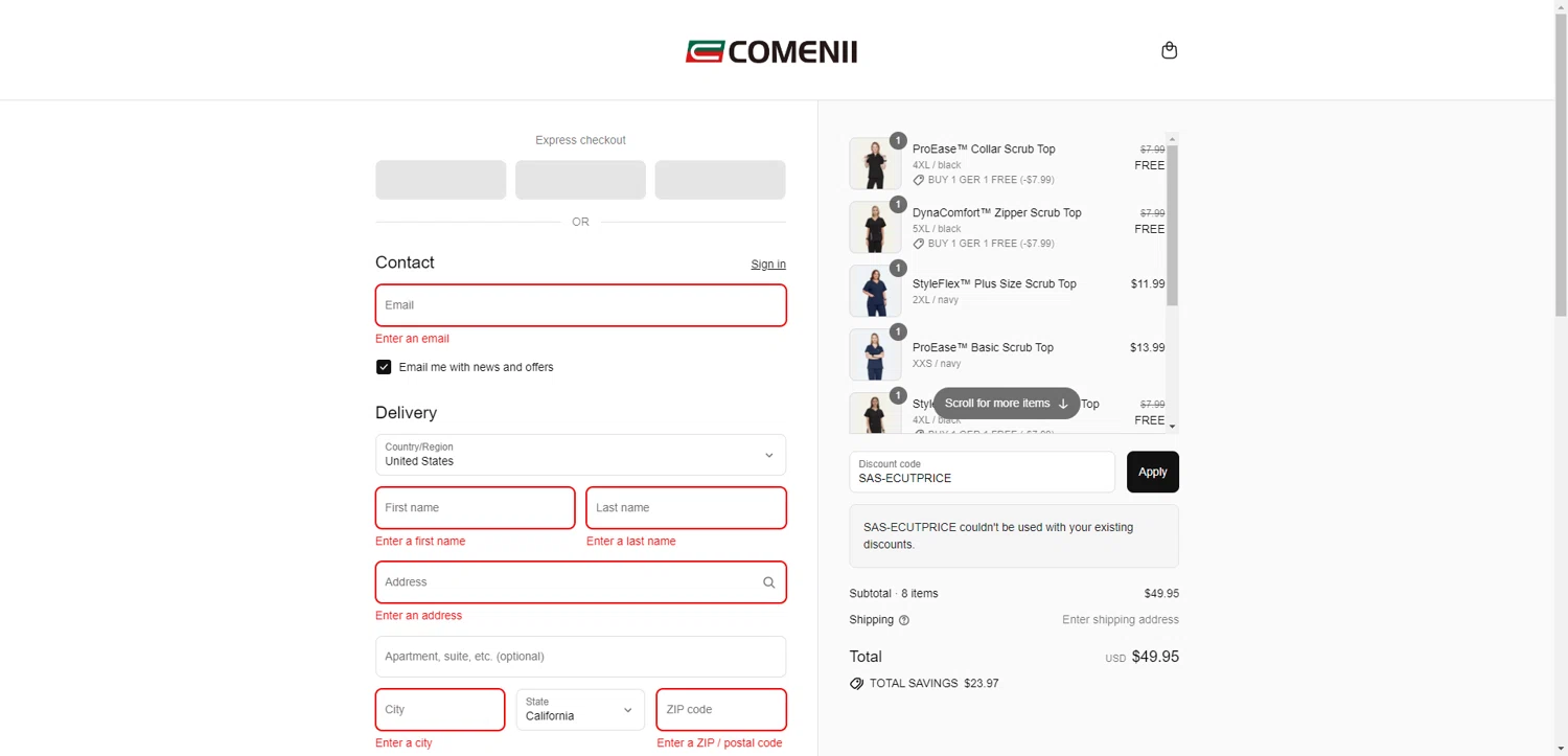 Comenii discount code screenshot showing code SAS-ECUTPRICE applied at Comenii checkout page. Uploaded by SimplyCodes community member SwiftCurator4059 on Sep 16, 2025
