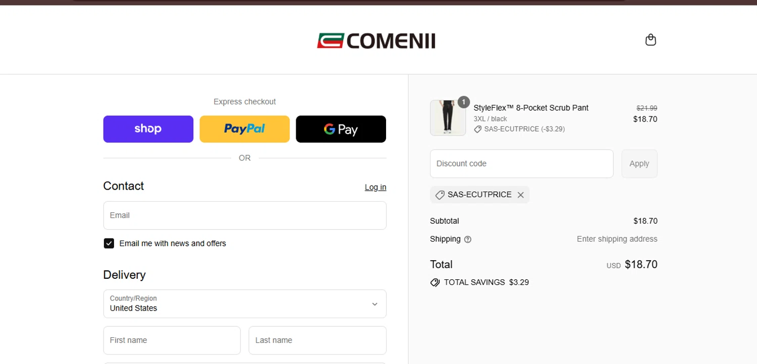 Comenii discount code screenshot showing code SAS-ECUTPRICE applied at Comenii checkout page. Uploaded by SimplyCodes community member juanisaac on Aug 31, 2025