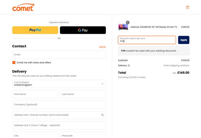 Comet checkout page showing Comet discount code box | Screenshot taken by SimplyCodes community member on Apr 1, 2025