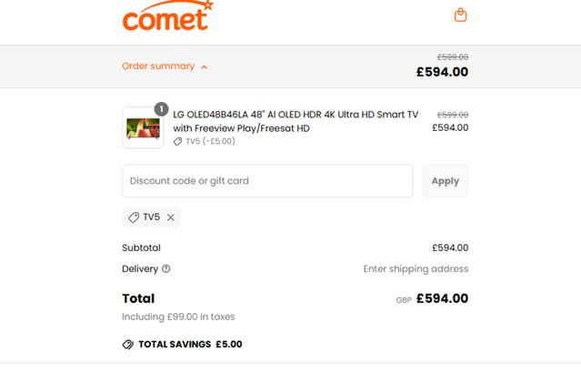 Comet checkout page showing Comet discount code box | Screenshot taken by SimplyCodes community member on May 5, 2025