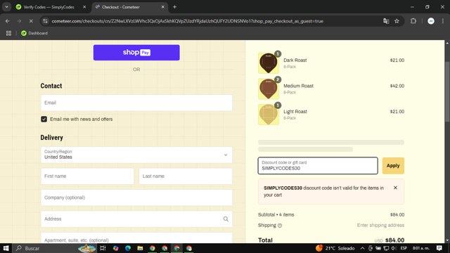 Cometeer checkout page showing Cometeer discount code box | Screenshot taken by SimplyCodes community member on Jan 14, 2025