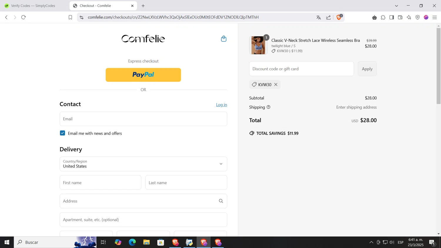 Comfelie discount code screenshot showing code KVW30 applied at Comfelie checkout page. Uploaded by SimplyCodes community member AnthonyGTX on Mar 23, 2025