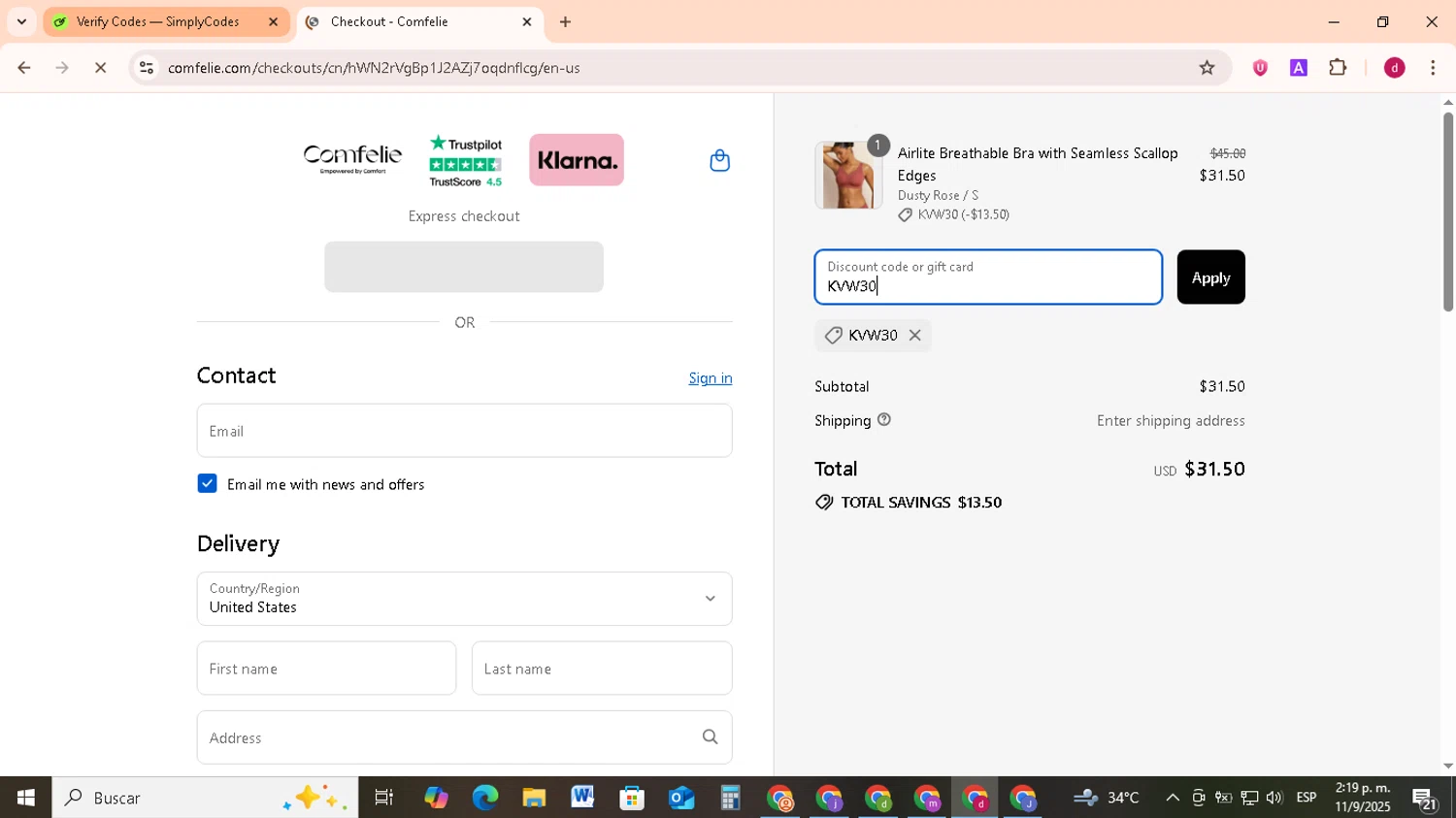 Comfelie discount code screenshot showing code KVW30 applied at Comfelie checkout page. Uploaded by SimplyCodes community member FrugalMonarch7277 on Sep 11, 2025