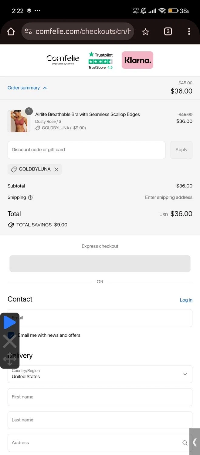 Comfelie discount code screenshot showing code GOLDBYLUNA applied at Comfelie checkout page. Uploaded by SimplyCodes community member RebateShopper5497 on Aug 30, 2025