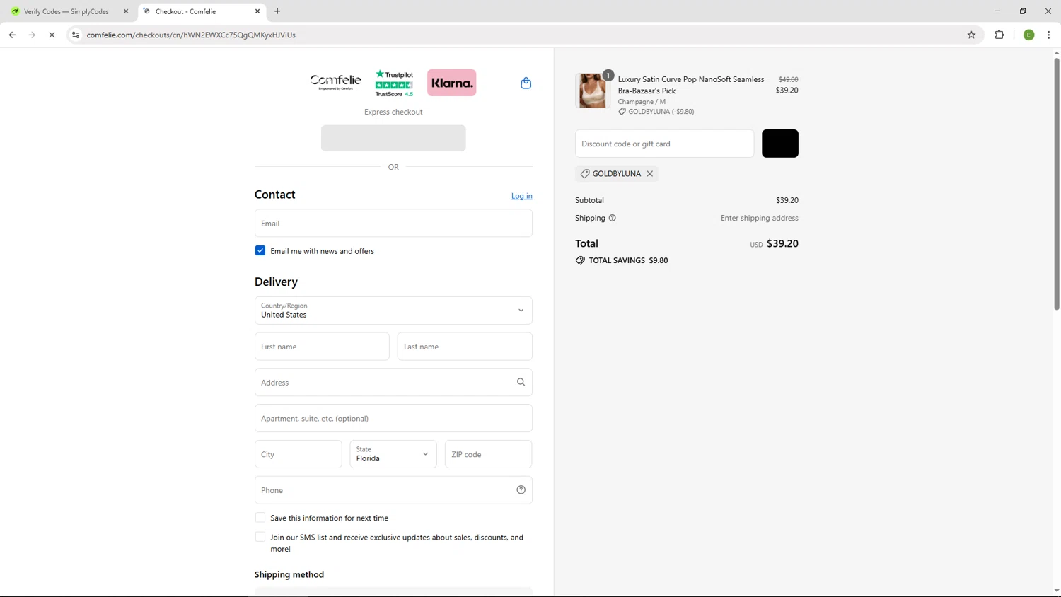 Comfelie discount code screenshot showing code GOLDBYLUNA applied at Comfelie checkout page. Uploaded by SimplyCodes community member SUZUKIV on Aug 26, 2025