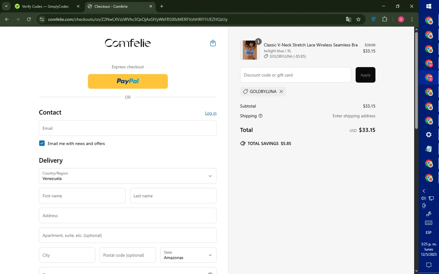 Comfelie discount code screenshot showing code GOLDBYLUNA applied at Comfelie checkout page. Uploaded by SimplyCodes community member LegendaryRanger6350 on May 12, 2025