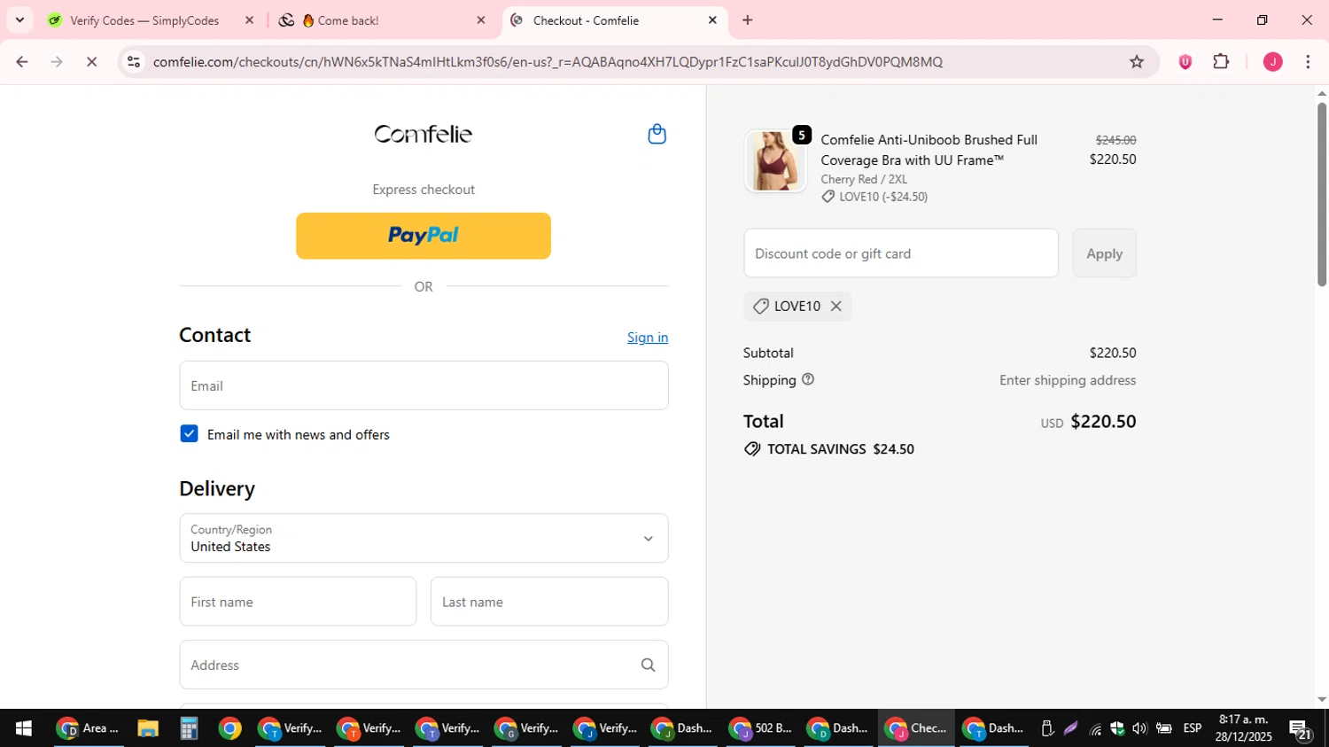 Comfelie checkout page showing Comfelie discount code box | Screenshot taken by SimplyCodes community member on Dec 28, 2025