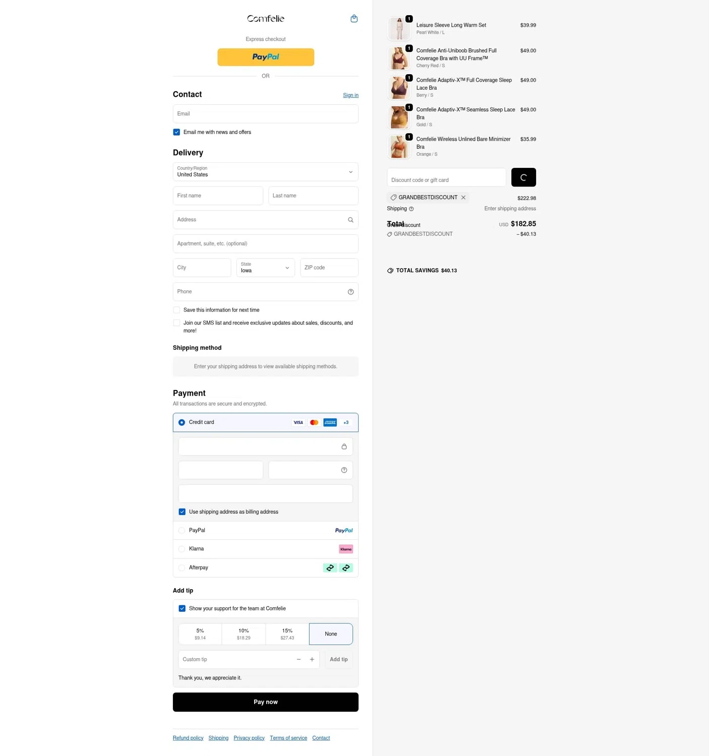 Comfelie discount code screenshot showing code grandbestdiscount applied at Comfelie checkout page. Uploaded by SimplyCodes community member saltediosteve on Dec 24, 2025