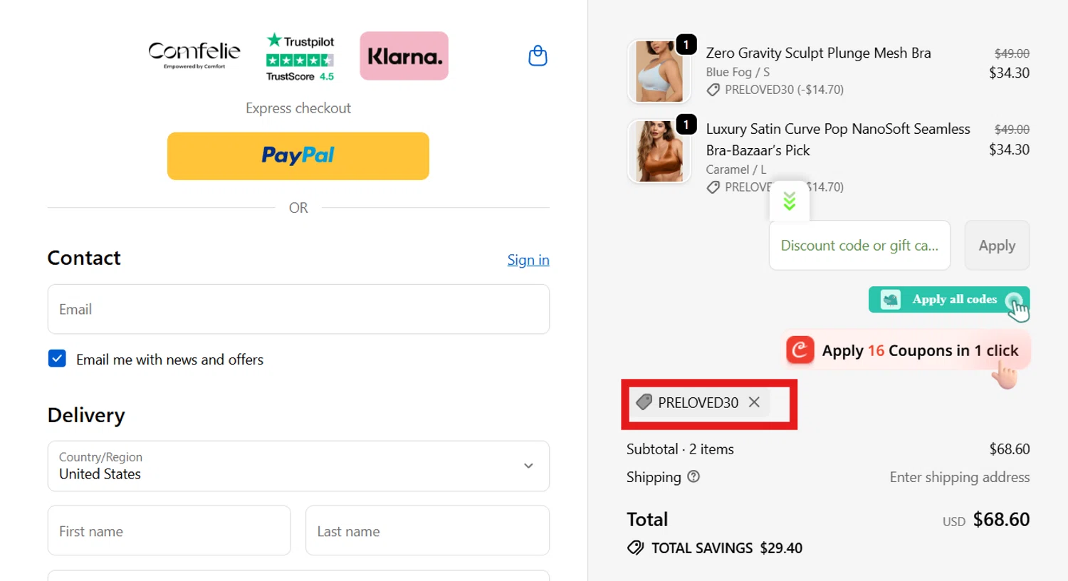 Comfelie discount code screenshot showing code PRELOVED30 applied at Comfelie checkout page. Uploaded by SimplyCodes community member CleverSentinel4477 on Oct 10, 2025
