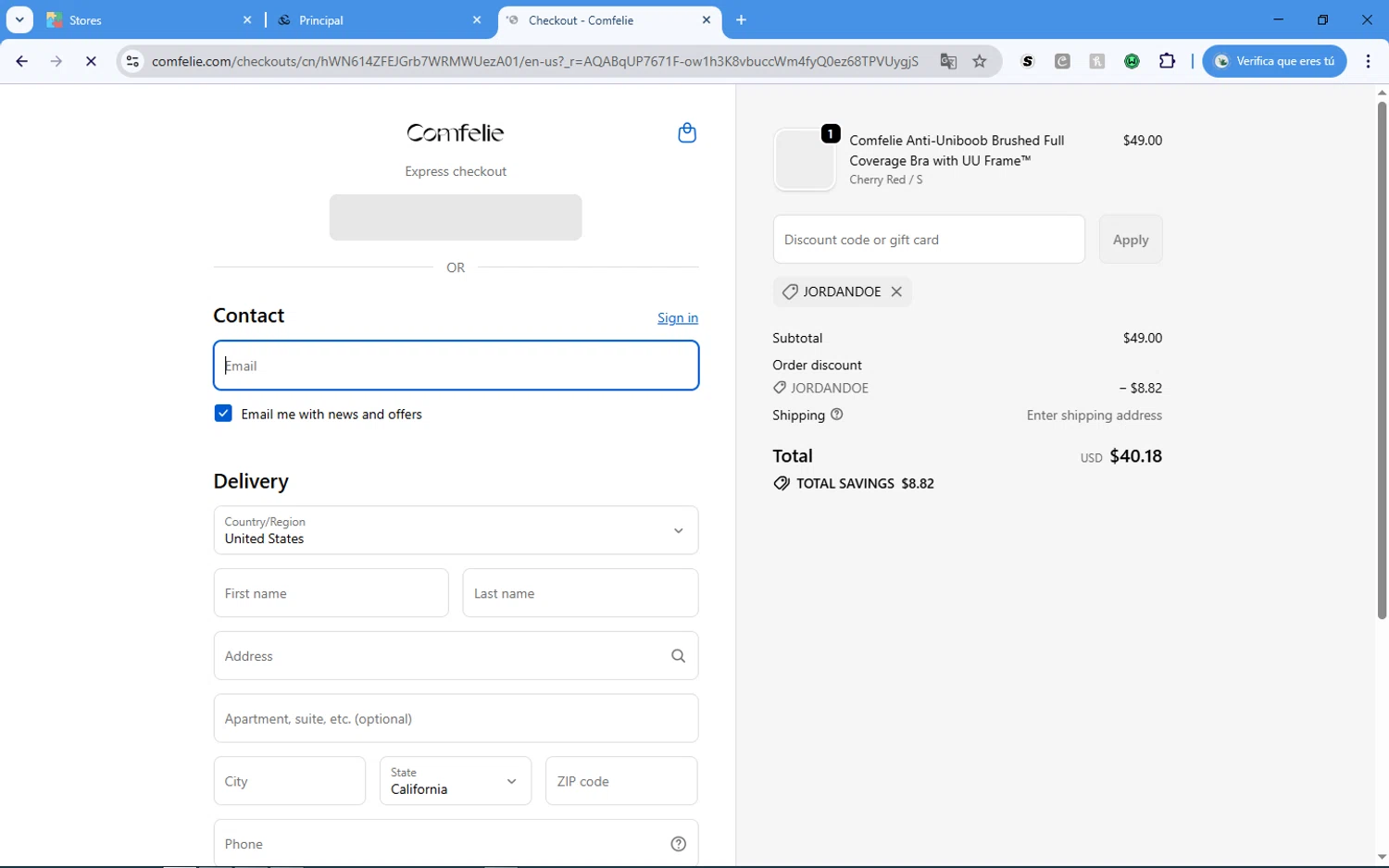Comfelie discount code screenshot showing code JORDANDOE applied at Comfelie checkout page. Uploaded by SimplyCodes community member SilverSage4676 on Dec 3, 2025