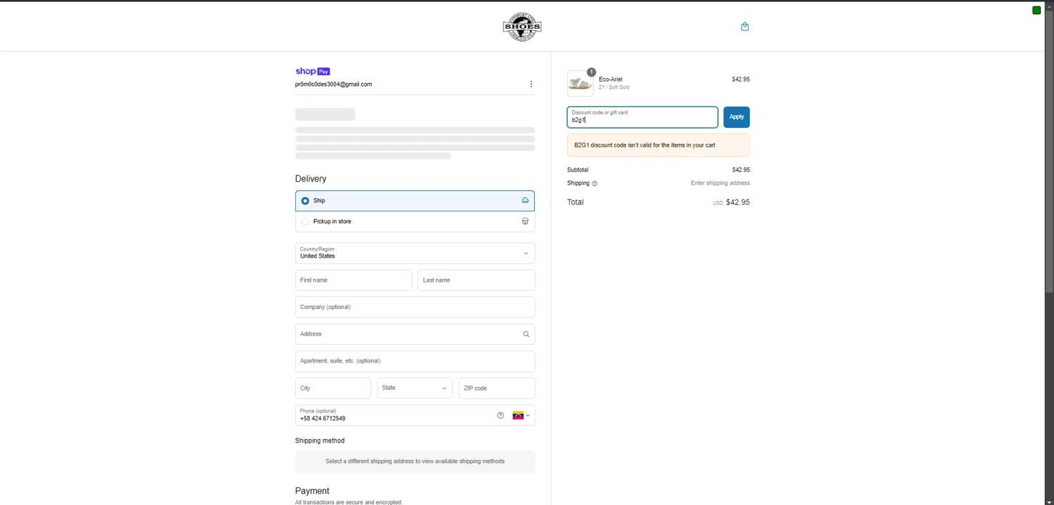 Comfort One Shoes coupon code screenshot showing code b2g1 applied at Comfort One Shoes checkout page. Uploaded by SimplyCodes community member RINITOSHI on Apr 7, 2025