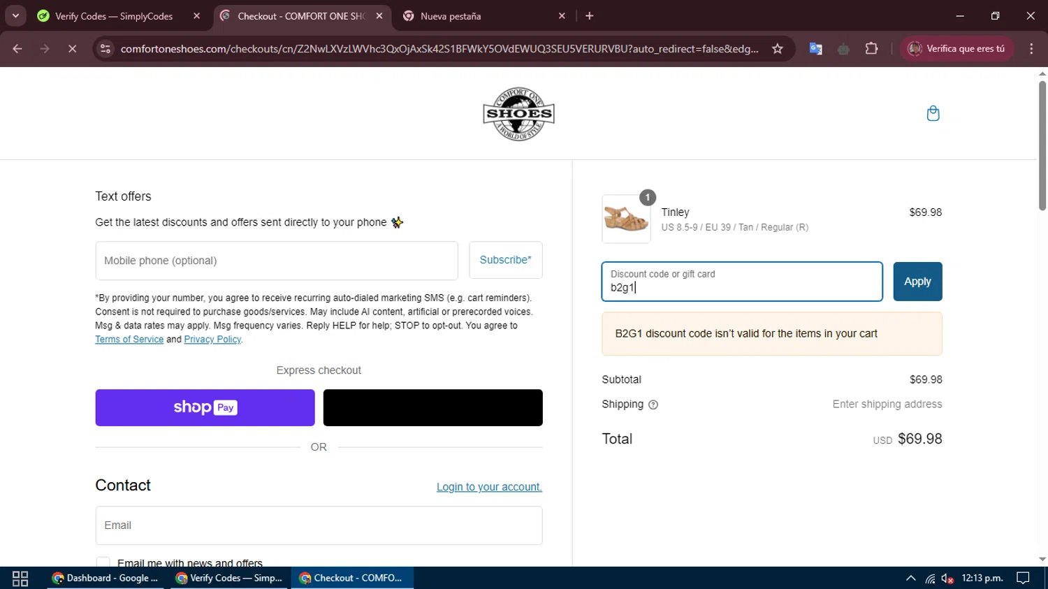 Comfort One Shoes coupon code screenshot showing code b2g1 applied at Comfort One Shoes checkout page. Uploaded by SimplyCodes community member DiscountFalcon2519 on Feb 28, 2025