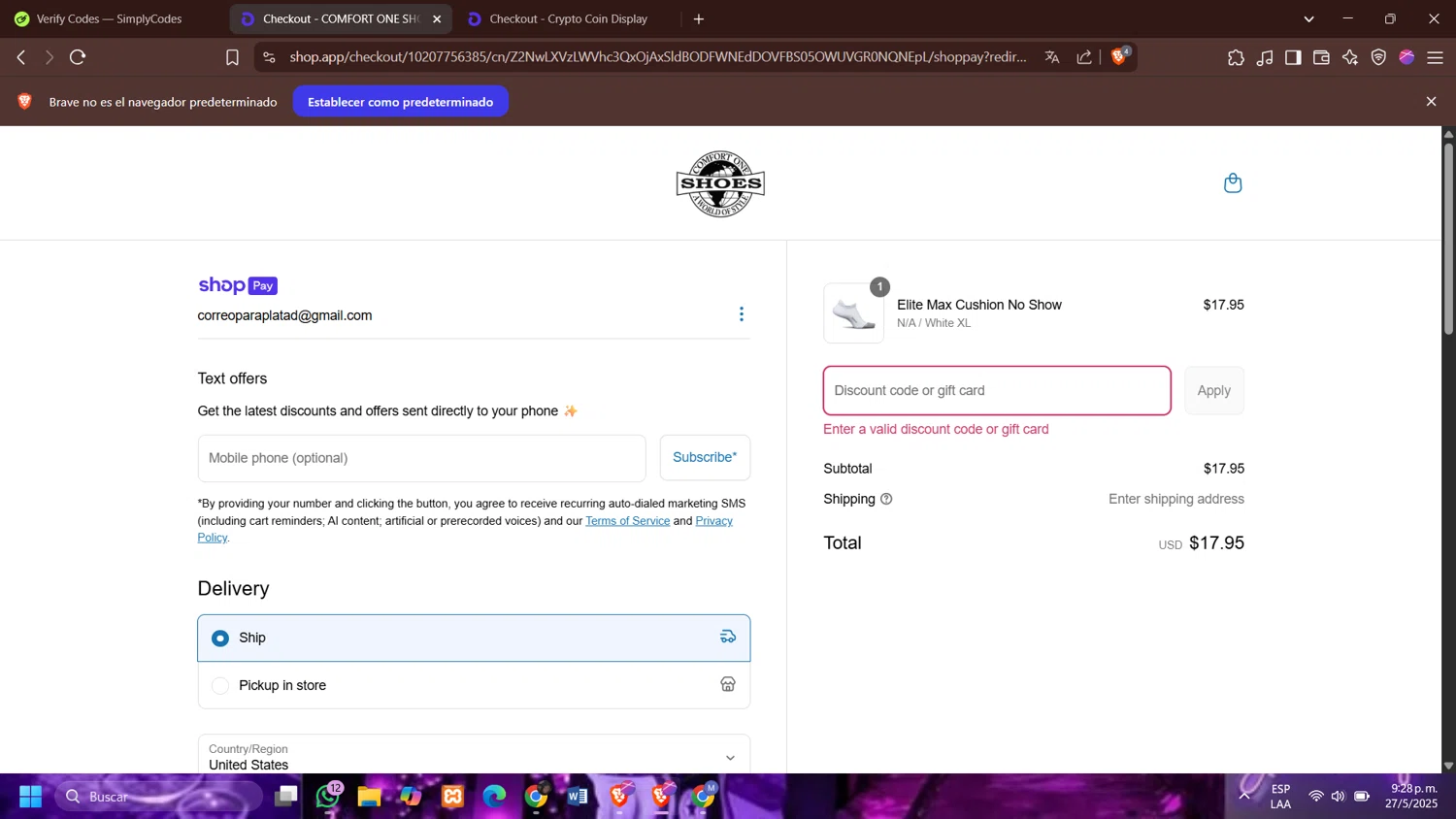 Comfort One Shoes coupon code screenshot showing code SS25EM75 applied at Comfort One Shoes checkout page. Uploaded by SimplyCodes community member Mafer69 on May 28, 2025