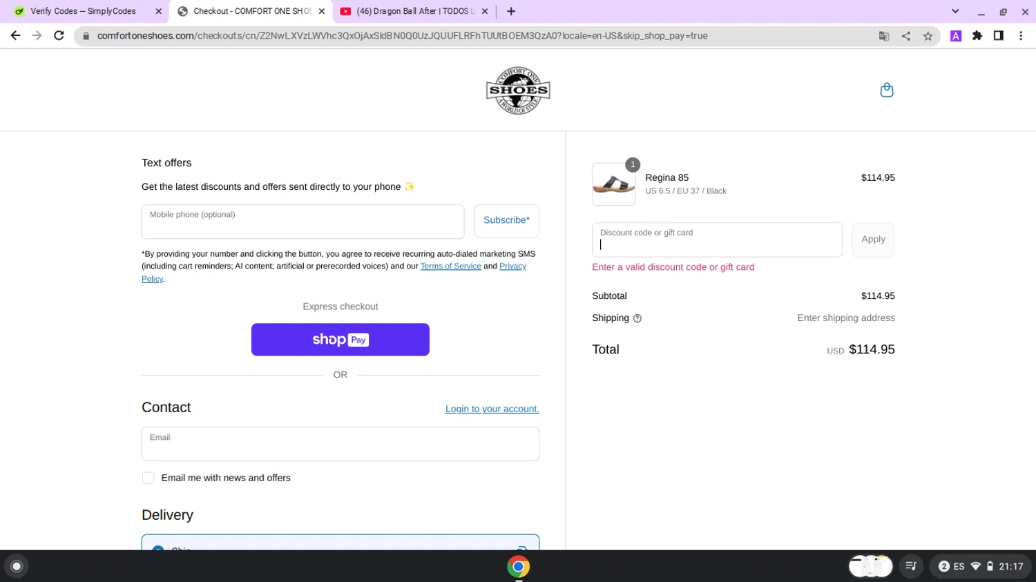 Comfort One Shoes coupon code screenshot showing code SS25EM75 applied at Comfort One Shoes checkout page. Uploaded by SimplyCodes community member lapampita on May 28, 2025