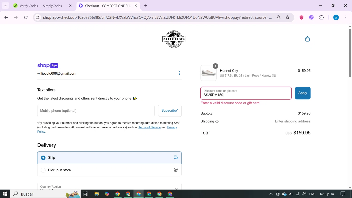 Comfort One Shoes coupon code screenshot showing code SS25DM150 applied at Comfort One Shoes checkout page. Uploaded by SimplyCodes community member CrownShopper7142 on May 27, 2025