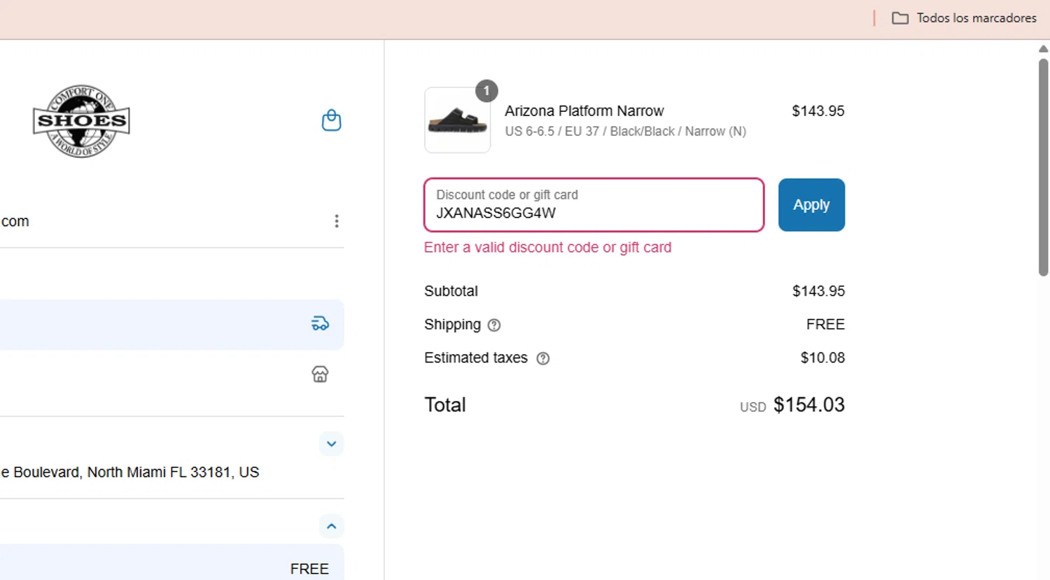 Comfort One Shoes coupon code screenshot showing code JXANASS6GG4W applied at Comfort One Shoes checkout page. Uploaded by SimplyCodes community member GoldLynx7797 on Jul 10, 2025
