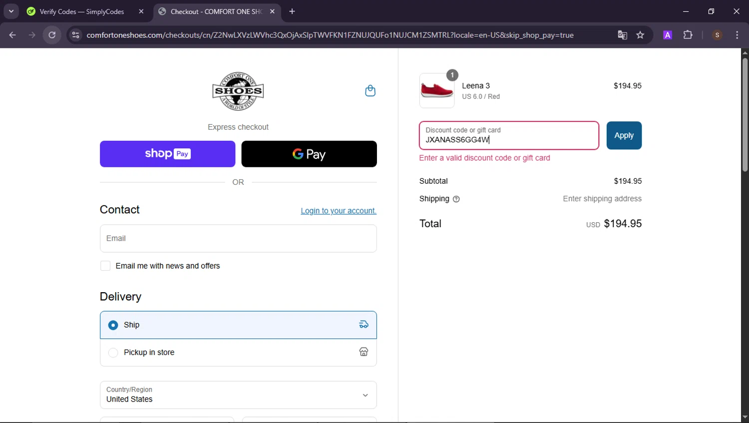 Comfort One Shoes coupon code screenshot showing code JXANASS6GG4W applied at Comfort One Shoes checkout page. Uploaded by SimplyCodes community member ShieldAdmiral2781 on Jul 10, 2025