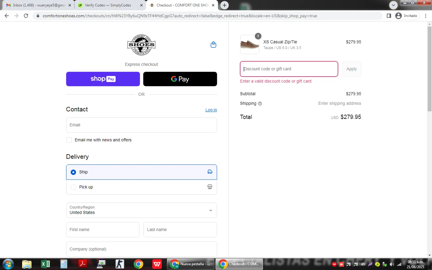Comfort One Shoes coupon code screenshot showing code WELCOMEBGCGDLLJ applied at Comfort One Shoes checkout page. Uploaded by SimplyCodes community member ValiantTitan4231 on Aug 21, 2025