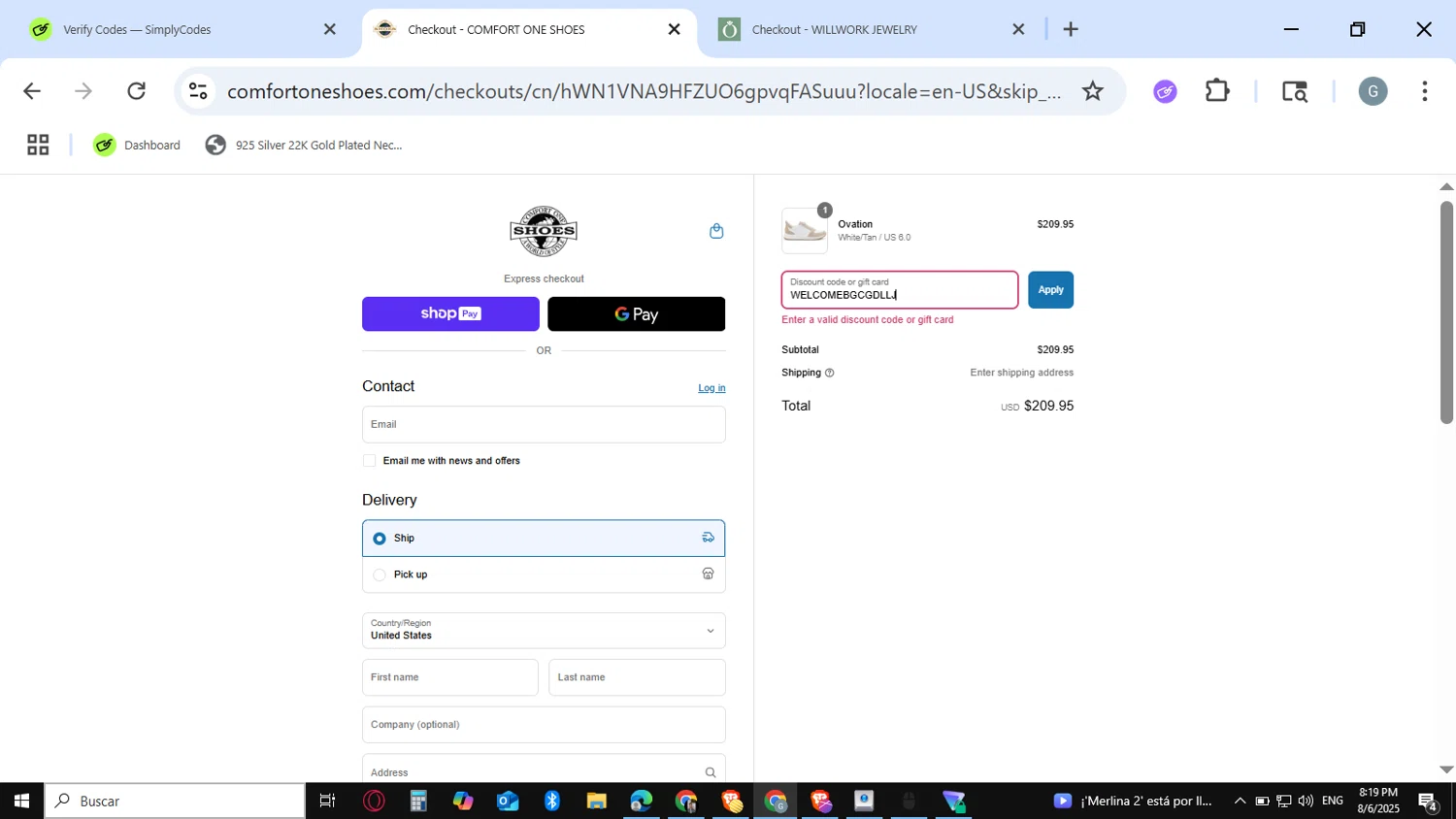 Comfort One Shoes coupon code screenshot showing code WELCOMEBGCGDLLJ applied at Comfort One Shoes checkout page. Uploaded by SimplyCodes community member guest_623525963 on Aug 7, 2025