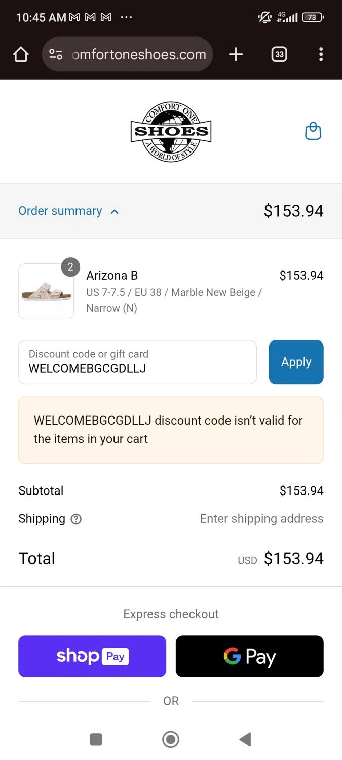 Comfort One Shoes coupon code screenshot showing code WELCOMEBGCGDLLJ applied at Comfort One Shoes checkout page. Uploaded by SimplyCodes community member SaraiVillarroel on Jul 4, 2025