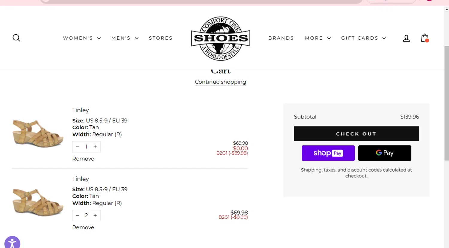 Comfort One Shoes coupon code screenshot showing code b2g1 applied at Comfort One Shoes checkout page. Uploaded by SimplyCodes community member Westcoll on Feb 28, 2025