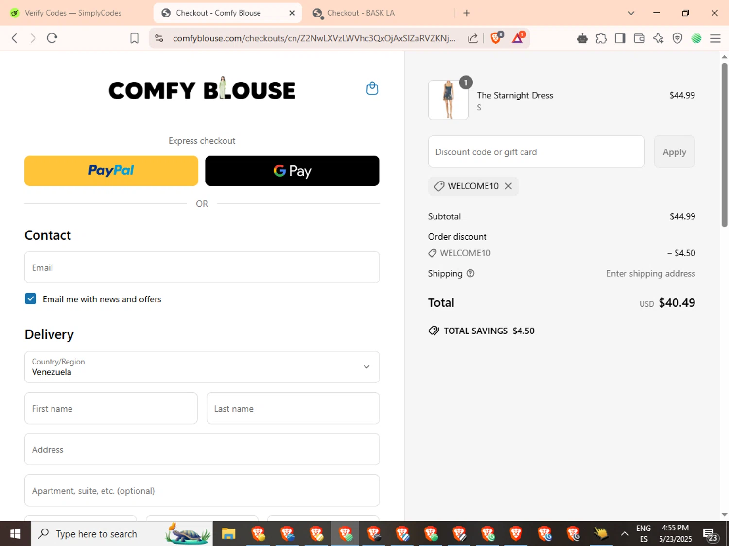 Comfy Blouse discount code screenshot showing code WELCOME10 applied at Comfy Blouse checkout page. Uploaded by SimplyCodes community member SwiftMaverick5973 on May 23, 2025