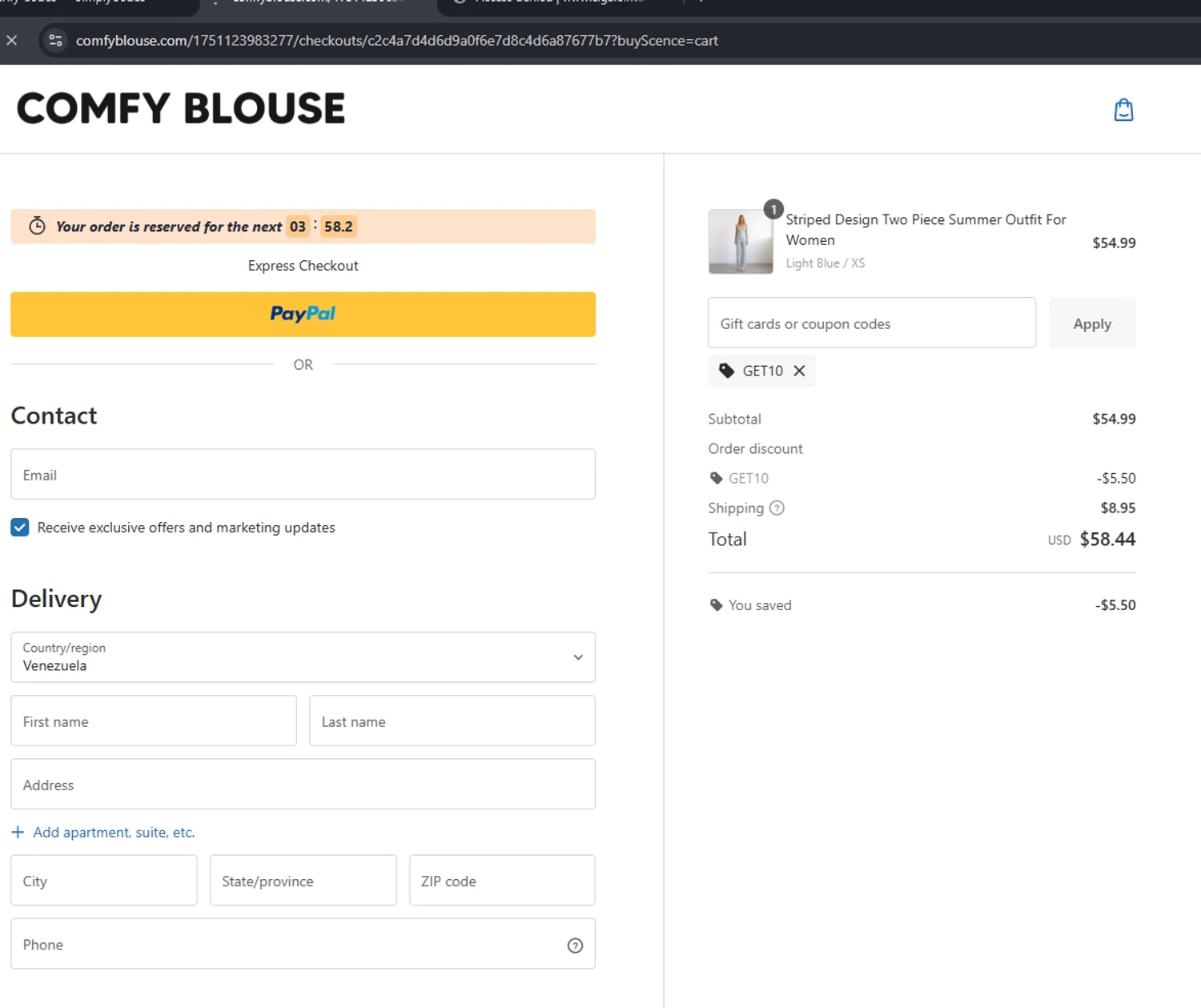 Comfy Blouse checkout page showing Comfy Blouse discount code box | Screenshot taken by SimplyCodes community member on Jan 10, 2026