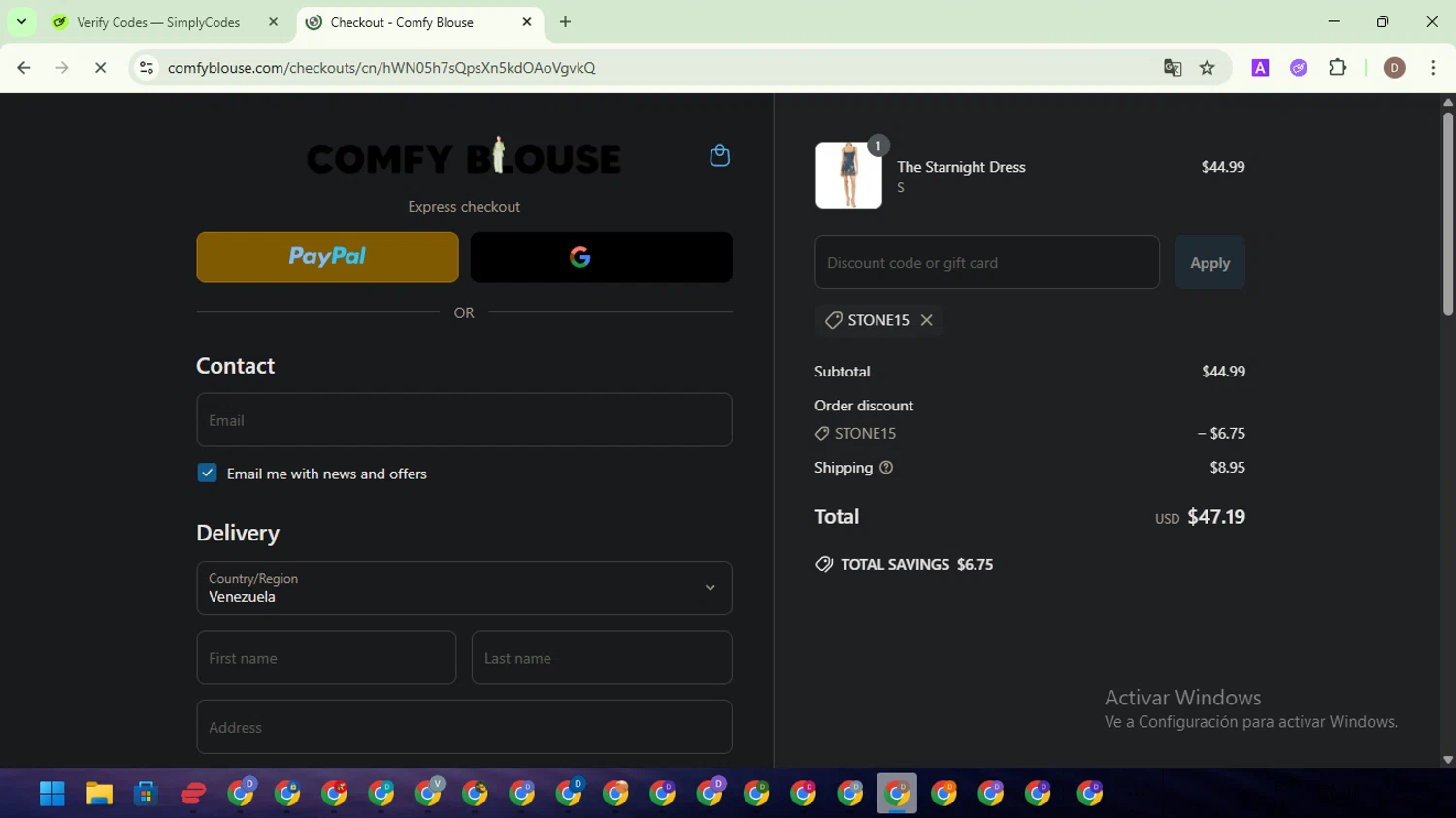 Comfy Blouse checkout page showing Comfy Blouse discount code box | Screenshot taken by SimplyCodes community member on Jun 30, 2025