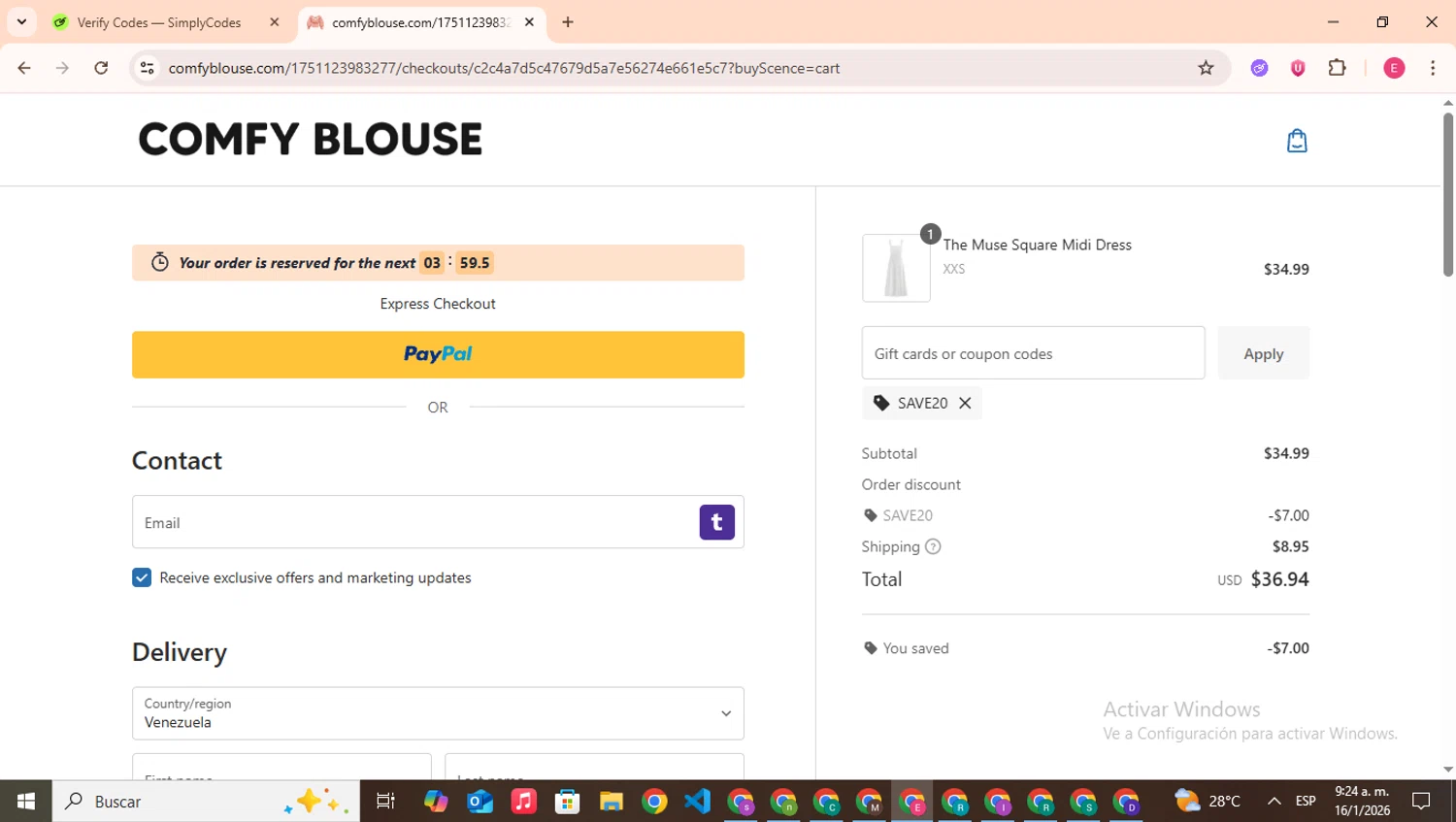 Comfy Blouse discount code screenshot showing code SAVE20 applied at Comfy Blouse checkout page. Uploaded by SimplyCodes community member CouponHero7312 on Jan 16, 2026