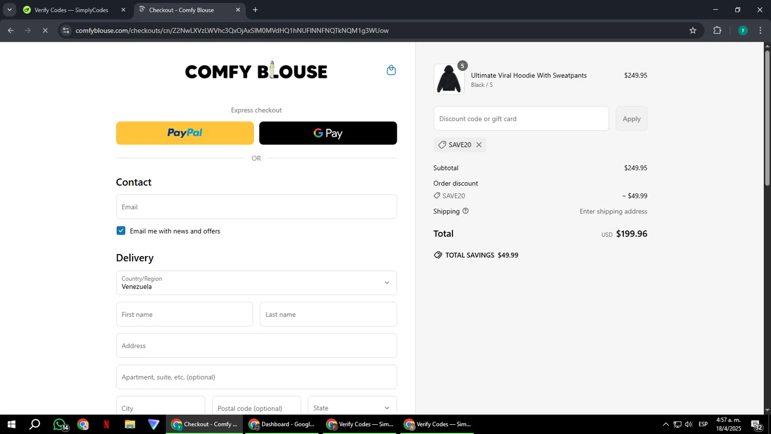 Comfy Blouse discount code screenshot showing code SAVE20 applied at Comfy Blouse checkout page. Uploaded by SimplyCodes community member FrugalCaptain6906 on Apr 18, 2025