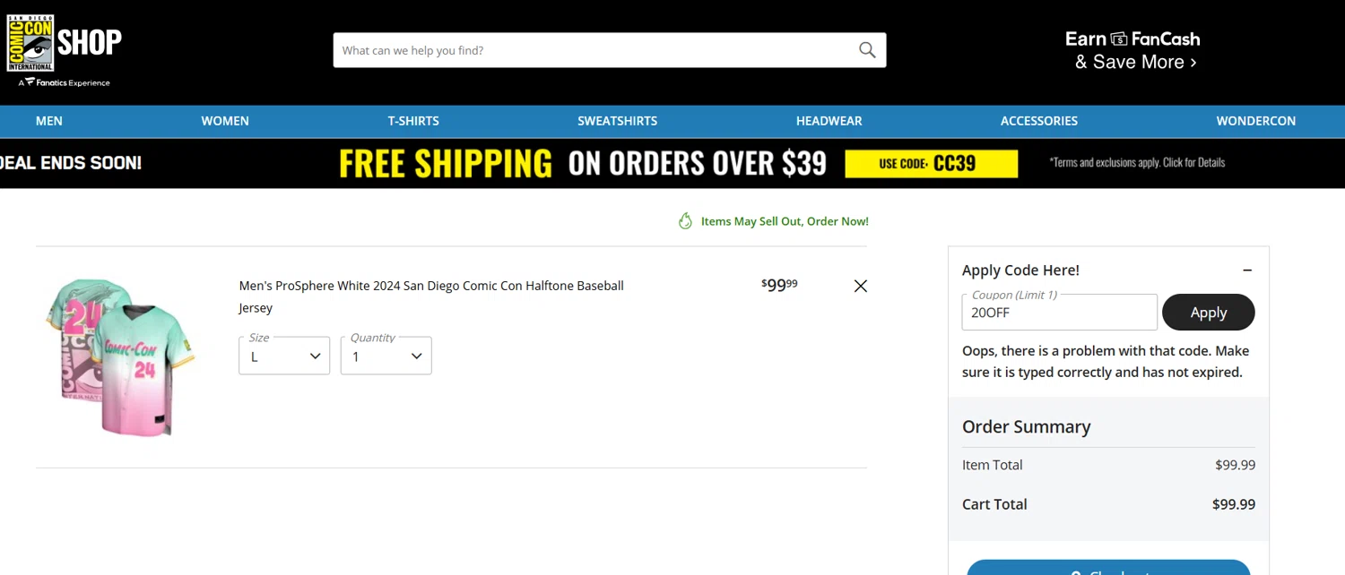 Comic-Con promo code screenshot showing code 20OFF applied at Comic-Con checkout page. Uploaded by SimplyCodes community member Lioniel on Feb 21, 2025