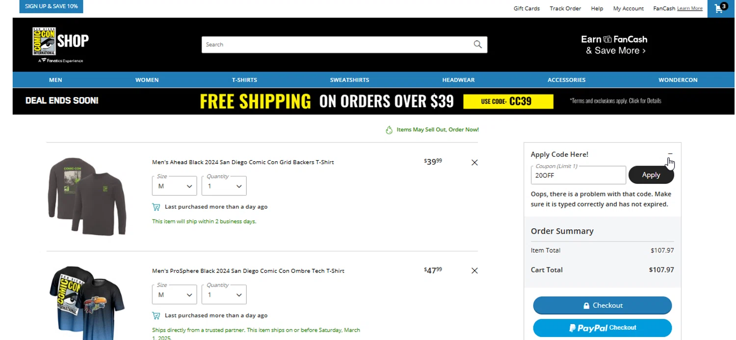 Comic-Con promo code screenshot showing code 20OFF applied at Comic-Con checkout page. Uploaded by SimplyCodes community member SimplyCVerlie on Feb 27, 2025