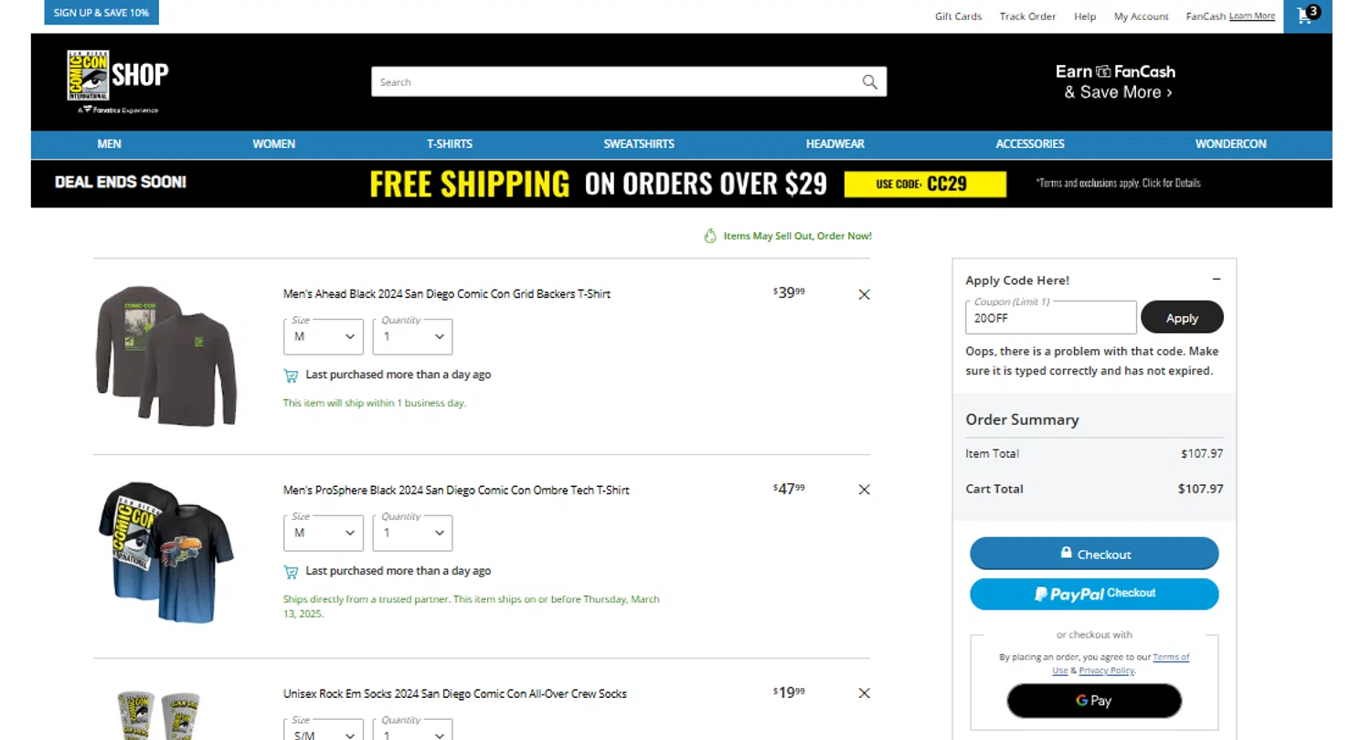Comic-Con promo code screenshot showing code 20OFF applied at Comic-Con checkout page. Uploaded by SimplyCodes community member SimplyCVerlie on Mar 12, 2025