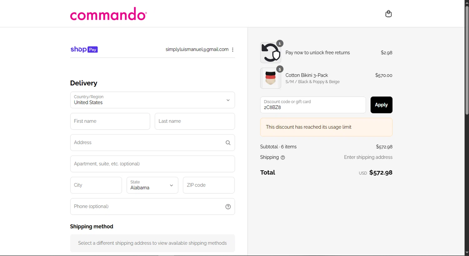 Commando promo code screenshot showing code 2C8BZ8 applied at Commando checkout page. Uploaded by SimplyCodes community member WoskalRevenge on Aug 27, 2025