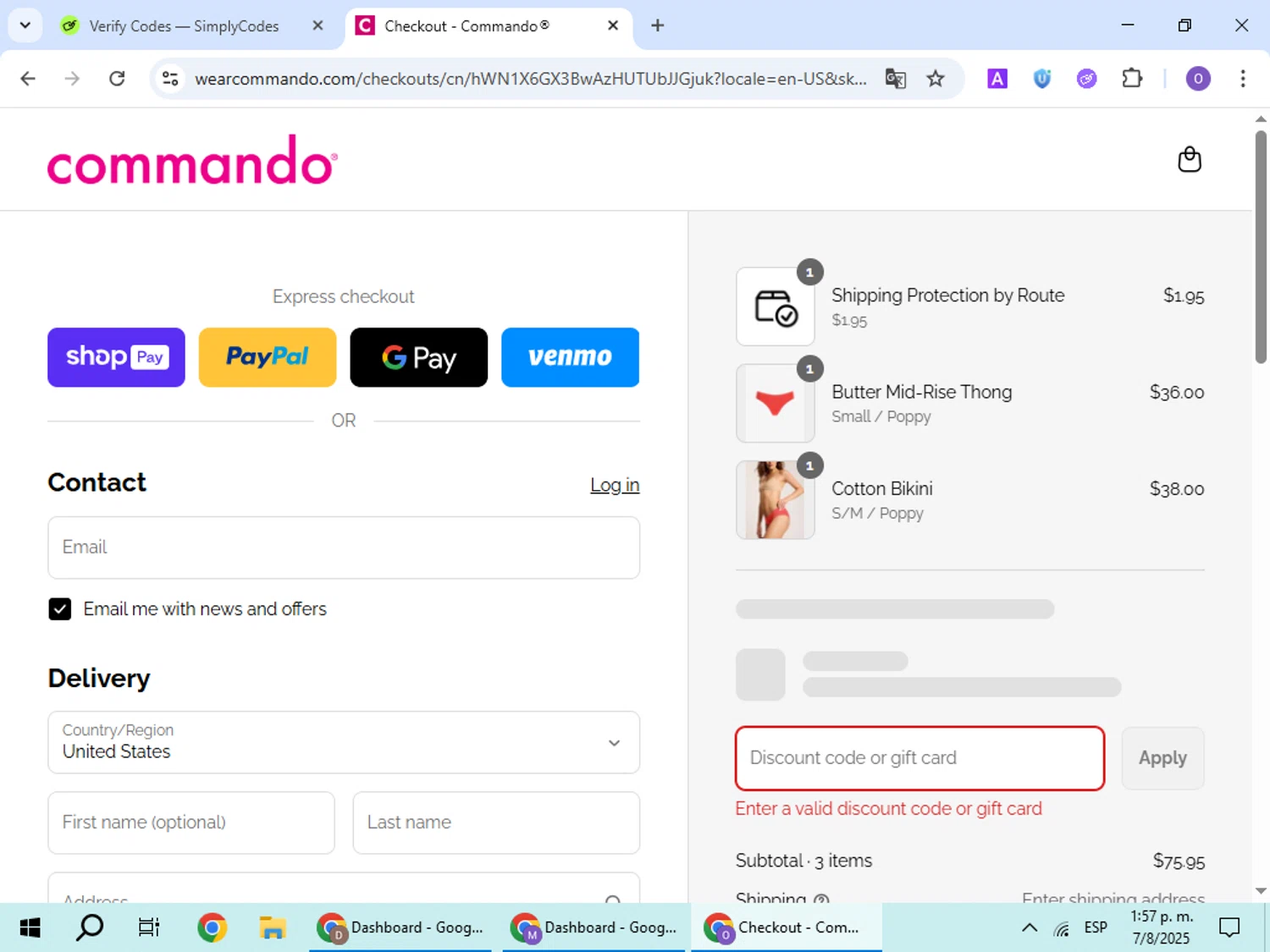Commando promo code screenshot showing code topdrawer20 applied at Commando checkout page. Uploaded by SimplyCodes community member BudgetHawk9503 on Aug 7, 2025